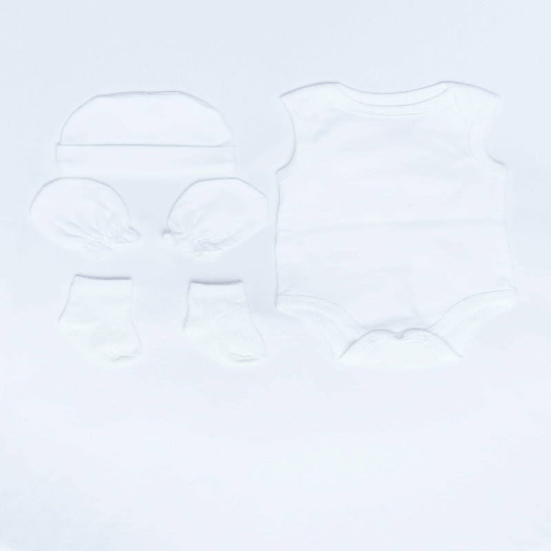 NEWBORN baby gift Set of Four White Sleeveless Onesie Pair of Gloves Pair of Socks Cotton Beanie